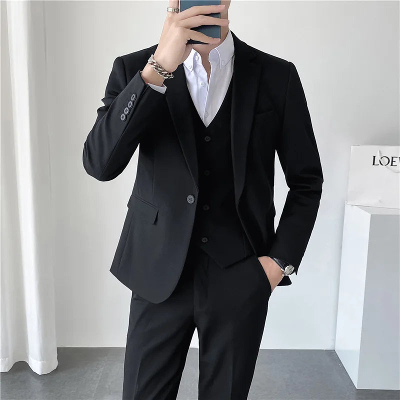 sanyamk Men Suit 3 Pieces Solid Color Slim Fitting For Business Leisure Commercial Wedding And Banquet Dresses Jacket Vest With Pants
