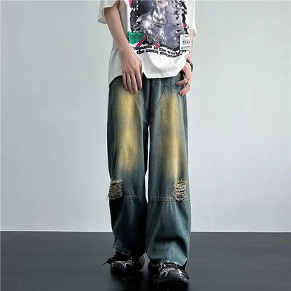 sanyamk New Streetwear Patchwork Jeans Cargo Pants Loose Plus Size Neutral Wide Leg Pants Harajuku Casual Denim Pants Men Clothing Y2K