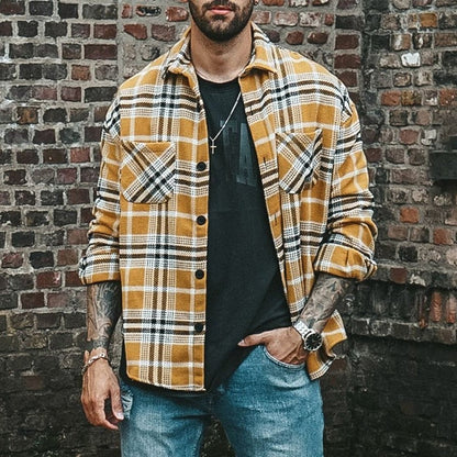 Bonsir Fall Mens Fashion Plaid Printed Shirt Jackets Long Sleeve Turndown Collar Buttoned Outerwear Men Casual Loose Coats Streetwear