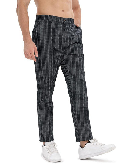 Bonsir Vintage Men Plaid Print Pants Autumn Casual Buttoned Mid Waist Straight Trousers Mens Fashion Striped Long Pant Male Streetwear