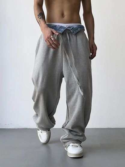 sanyamk Hip Hop Grey Sweatpants Sports Pants Button Jean Elastic Waist Pants Loose Trousers Y2K Casual Sportwear Pants Joggers