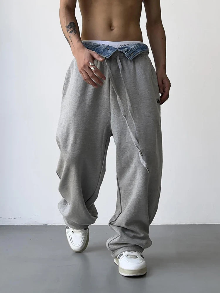 Bonsir Hip Hop Grey Sweatpants Sports Pants Button Jean Elastic Waist Pants Loose Trousers Y2K Casual Sportwear Pants Joggers