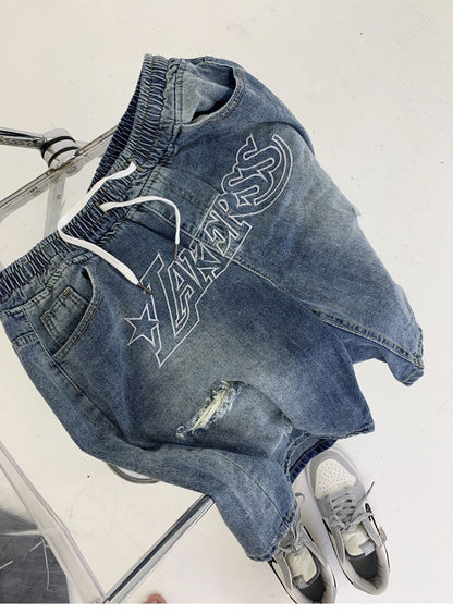 Bonsir Men's Denim Shorts Letter Embroidery Ripped Hole Short Jeans Women Wide Leg Shorts Hip Hop Drawstring Vintage Denim Pants Summer