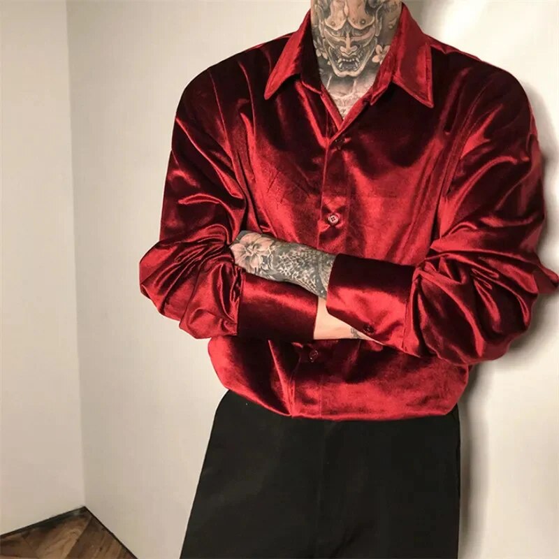 Bonsir Velvet Red Clothes For Mens Burgundy Velour Shirts Vintage Elegant Plush Blouse Black Party Blusa Masculina