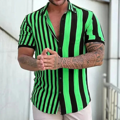 sanyamk Fashion Shirt Striped Print Summer Business Casual Short-Sleeved Tees Tops Mens Blouse Hawaiian Shirts Oversized Men's Clothing