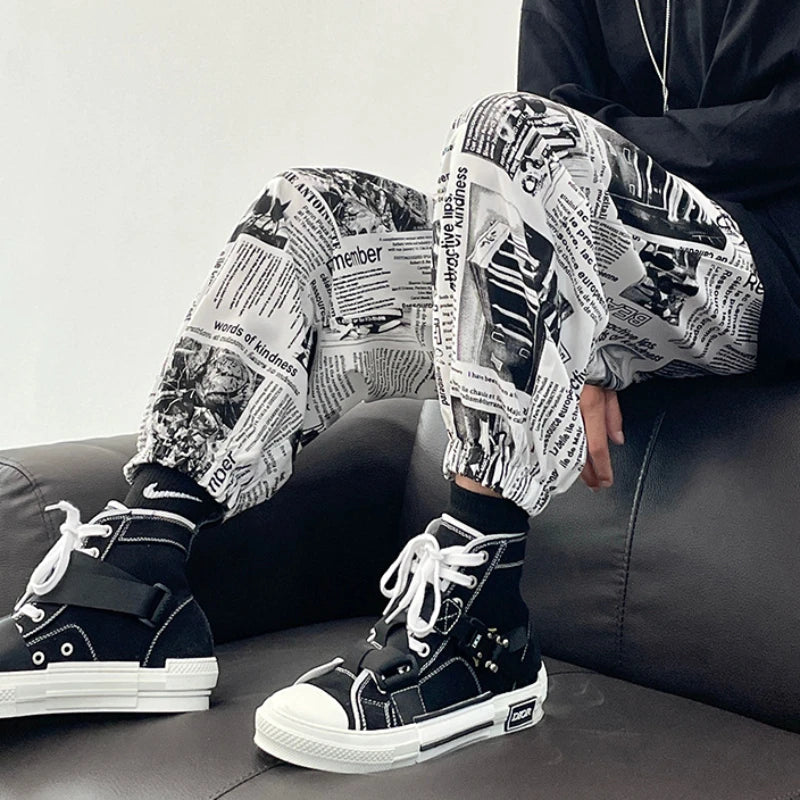 Bonsir Newspaper Pants Men Fashion High Street Spring Autumn Ankle Banded Loose Drawstring American Style Male Hip-hop Trousers Chic