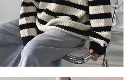 sanyamk Winter Men's Stripe Printing Coats Round Neck Wool Sweater Retro Loose Pullover Fashion Trend Thickened Knitting M-2XL