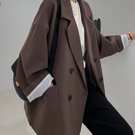 sanyamk New 2022 Vintage Loose Women Solid Blazer Autumn Chic Double Breasted Female Long Sleeve Suit Jackets Stylish Ladies Blazer