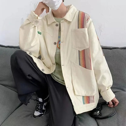 sanyamk Hip Hop Color Block Patchwork Denim Jacket Men Striped Jacket Casual Autumn Sping Harajuku Vintage Cargo Jacket Coats