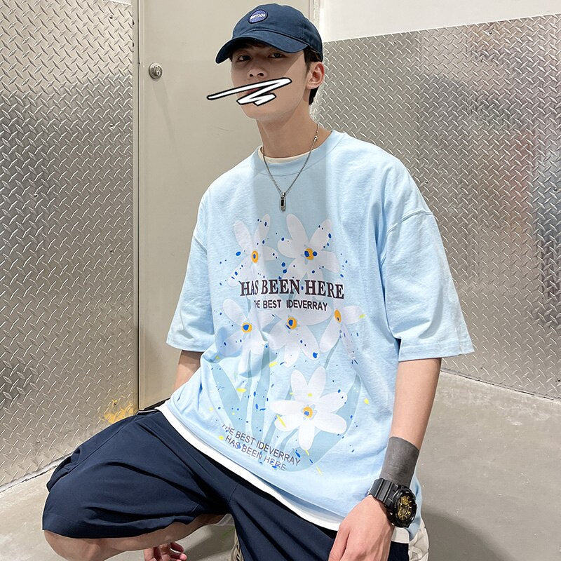 Bonsir Letter Flowers Print Summer Men Clothing Fashion Casual Harajuku Short Sleeve Tshirt XL 2XL Oversized Teenagers Streetwear