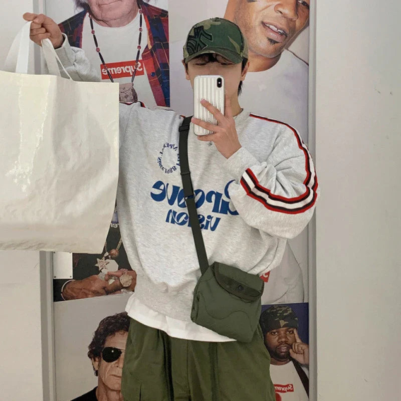sanyamk  -  Letter Printing Men's Sweatshirts Round Collar Striped Contrast Color New Trendy Male Pullover Loose Tops Autumn 9C7916