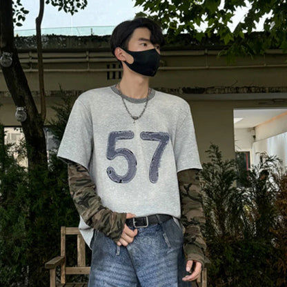 sanyamk  -  Niche Design Men's T-shirts Round Collar Letter Patchwork Camouflage Long Sleeve Contrast Color Loose Male Tees New 9C9072