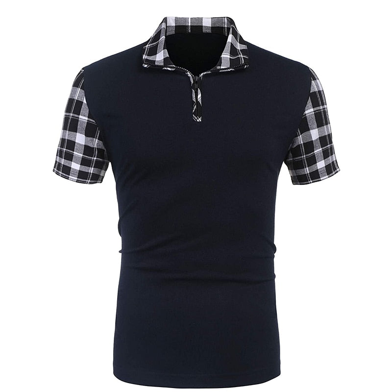 sanyamk Summer New Men's Casual Stritching Short Sleeve Polo Shirt Business Clothes Luxury Tee Male Fashion Grid Zipper Polos Tops Men