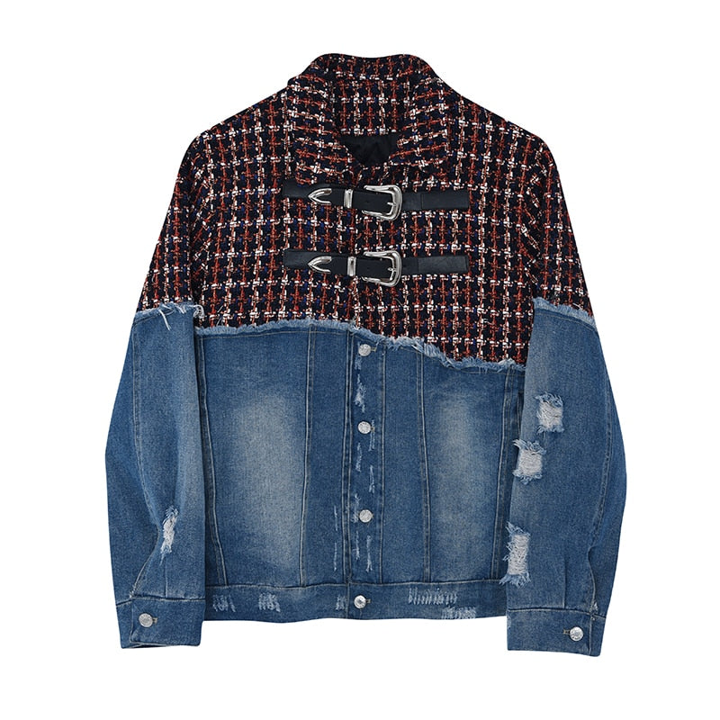 sanyamk Men Plaid Wool Denim Patchwork Streetwear Fashion Loose Casual Vintage Fashion Jacket Male Women Hip Hop Coat Outerwear