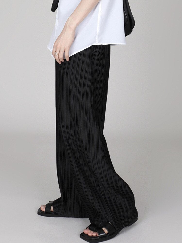 Bonsir Men Clothing Spring Autumn Ice Silk Pleated Wide Leg Pants Elastic Waist Causal Loose Straight Trousers For Male