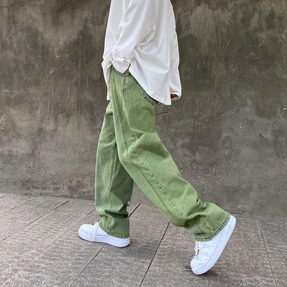 sanyamk New Men's Streetwear Purple Green Jeans Fashion High Street Baggy Y2k Wide Leg Denim Pants Male Fall Full Length Pants