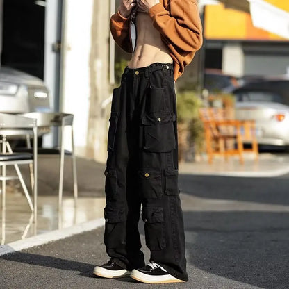 sanyamk Men's Multi-pockets Cargo Pants Autumn Vintage Solid Color Hiphop Overalls Baggy Casual High Street Mopping Trousers