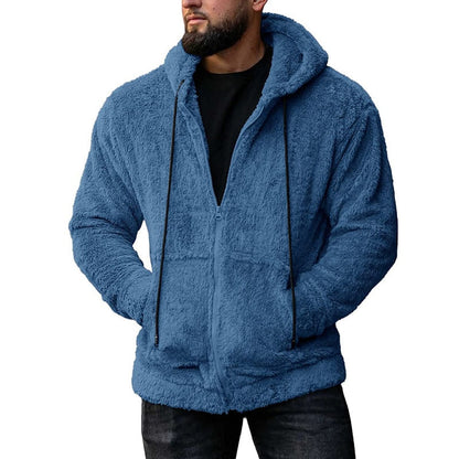 Bonsir Vintage Fleece Sweatshirt Jacket Men Fashion Loose Solid Zipper Hooded Wool Coats Fall Winter Men's Casual Long Sleeve Cardigan