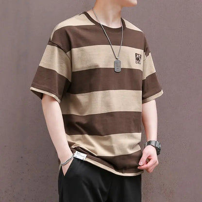 sanyamk Summer New Men's Pullovers Crew Neck Contrast Color Casual Fashion Loose All-match Young Style Short Sleeve Striped T-shirt Tops