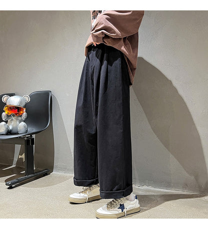 Bonsir Cotton Oversized Casual Pants Men Fashion Loose Wide Leg Pants Men Japanese Streetwear Hip Hop Straight Pants Mens Trousers