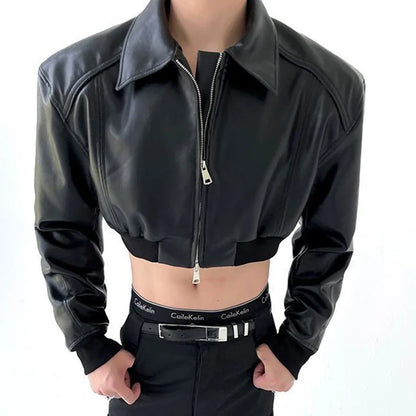 sanyamk Autumn Product Design Sense Lgbt Sexy Navel Exposed Fashion High Street High Waist Double Zipper Wide Shoulder Leather Jacket