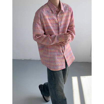 sanyamk Autumn Long Sleeved Shirt Men Fashion Color Plaid Shirt Men Streetwear Korean Loose Casual Shirt Mens Oversized Vintage Shirts
