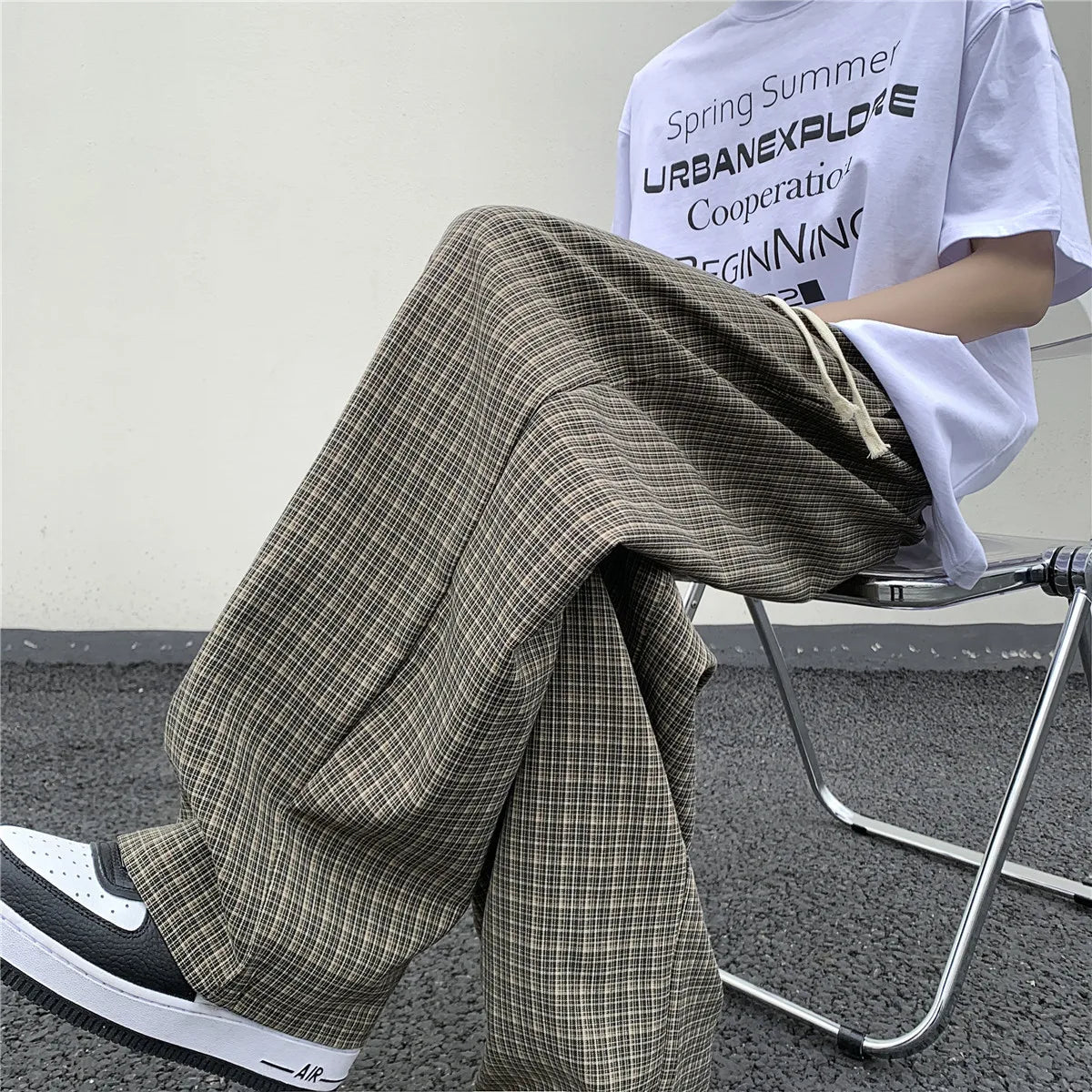 sanyamk  -  Summer/Autumn Plaid Pants Men Loose Casual Straight Trousers for Male/Female Harajuku Hip-hop Streetwear Wide-leg Mopping Pants