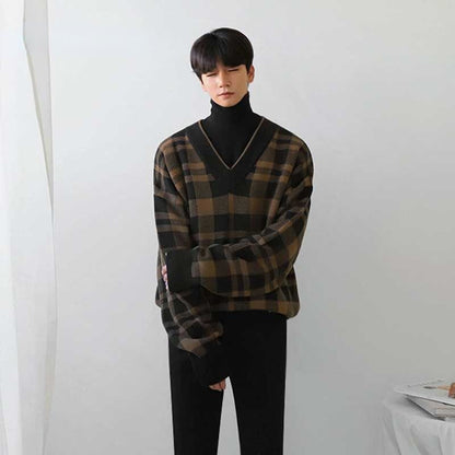 Bonsir Korean Fashion Vintage V-neck Plaid Sweater Male Autumn and Winter Casual Loose Men's V-neck Knitted Sweater for Men Pullover