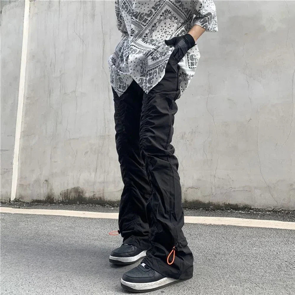 sanyamk New Black Wrinkle Pants Man Harajuku Punk Men's Streetwear Hip Hop Fashion Clothing Casual Tactical Trousers Y2k Goth Flared