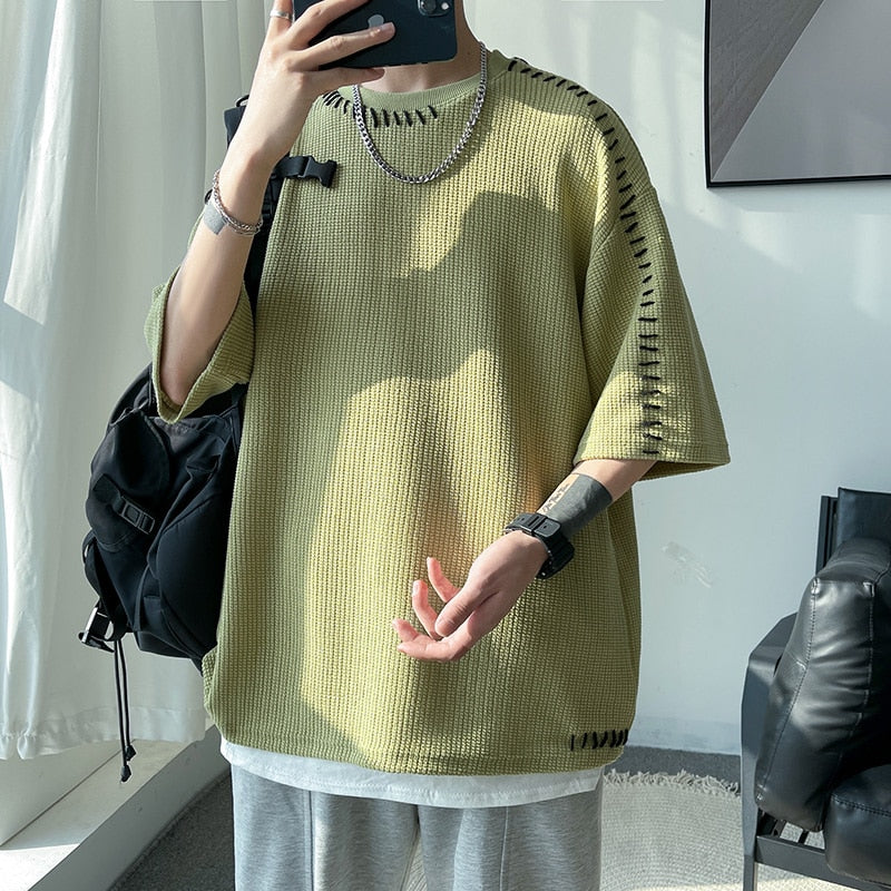 sanyamk Men Summer Quality T Shirts Manual Suture Harajuku Casual Tshirt For Male New Neutral Oversize Tees Short Sleeve Tops