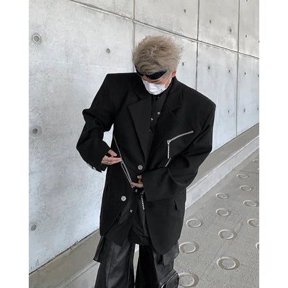 sanyamk Oversized Black Blazer Men High-end Fashion Leisure Suit Jackets Multi-zippers Male Streetwear Casual Korean All-match Suit