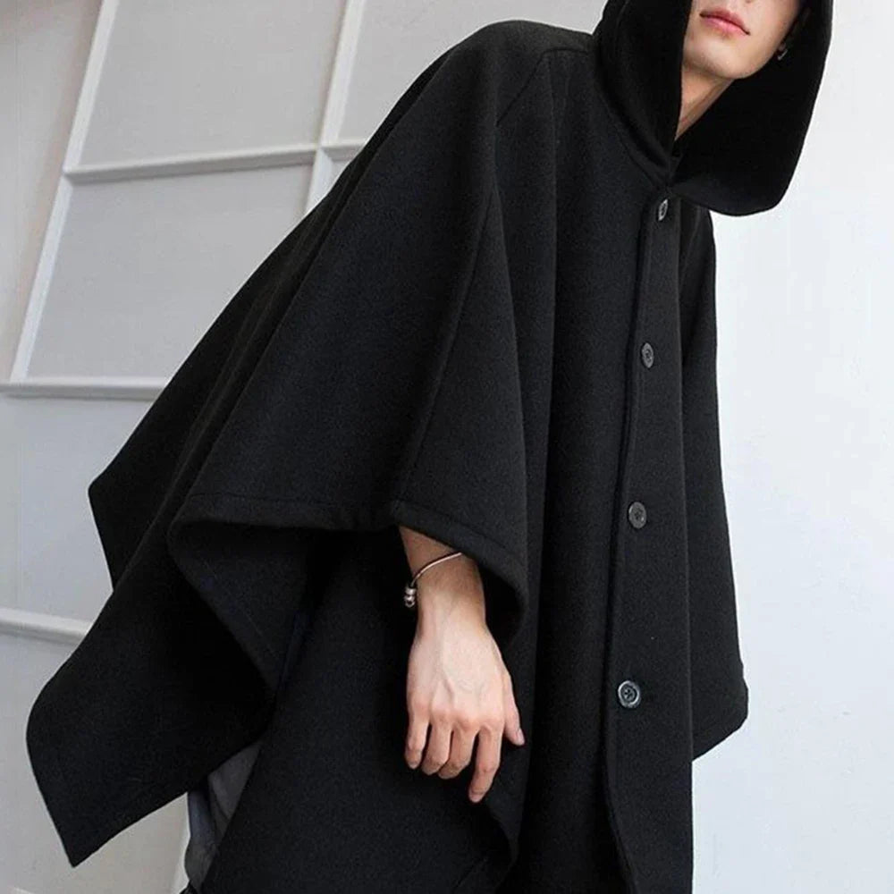 sanyamk Mens Dark Style Mid-Length Casual Hooded Cape Autumn And Winter Genderless Fashion Retro Loose Solid Color Shawl Cape Unisex