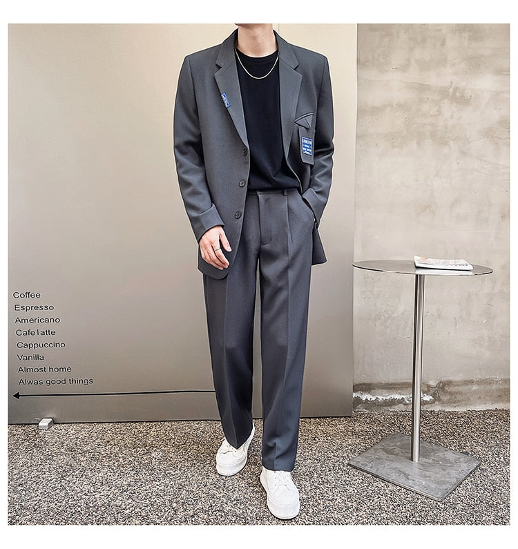 sanyamk Mens Suits Sets Jacket Pant Men Korean Streetwear Office Fashion Loose Casual Blazer Suit Jacket Pant Chic Trend Dress Suits