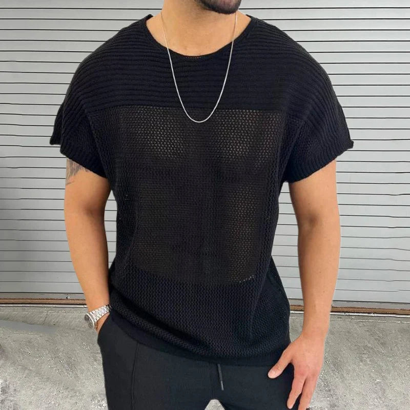 sanyamk  - Knitting Hollow Out Breathable Thin T Shirt Mens Summer Fashion Pure Color Knitted T-shirts Men Casual O Neck Short Sleeve Tops