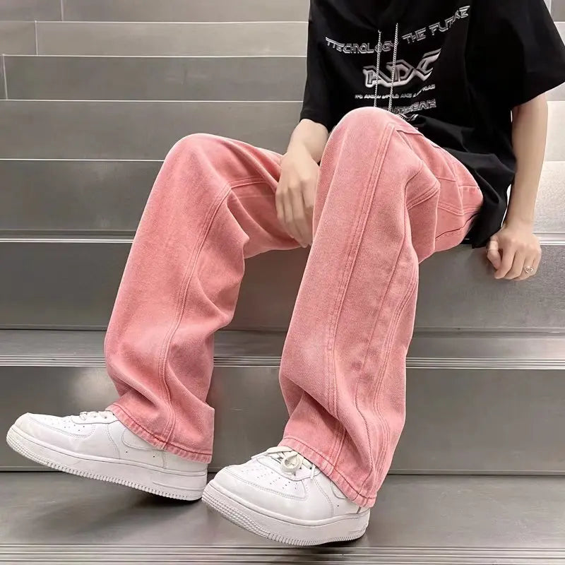 sanyamk Street Vibe Style Jeans Men's Loose Straight Pants Trendy Brand American Baggy Wide-leg Pants Pink Jeans Spring and Autumn