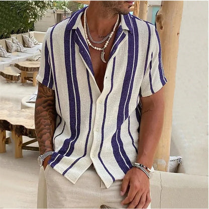 sanyamk New Men's Slub Cotton Shirt Stripe Short Sleeve Collar Cardigan 2023 Summer Fashion Loose Oversize Shirts Top Streetwear Male