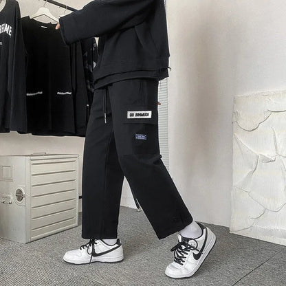 sanyamk Spring Autumn Casual Print Patchwork Cotton Wide Leg Pants Man Loose Y2k Pocket Hip Hop Cargo Straight Male Trousers Streetwear