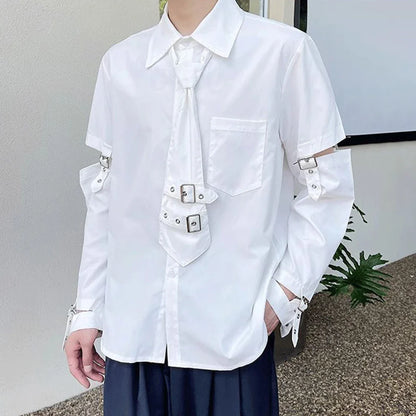 sanyamk Mens Y2k Spliced Casual Long-Sleeved Shirt 2024 New Genderless Functional Personality Solid Color Loose Hand Strap Top Unisex