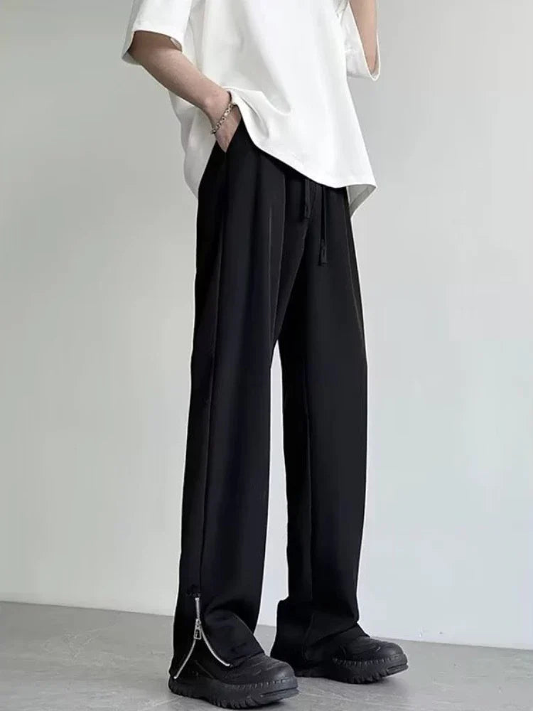 Bonsir Sid-Slit Pants Men Solid Simple Japanese Style Fashion Wide Leg All-match Pockets Harajuku Leisure Streetwear Baggy Pantalones