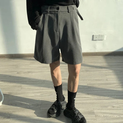 sanyamk Summer Grey/Black Suit Shorts Men Fashion Society Mens Dress Shorts Korean Style Loose Straight Shorts Mens Casual Shorts M-XL