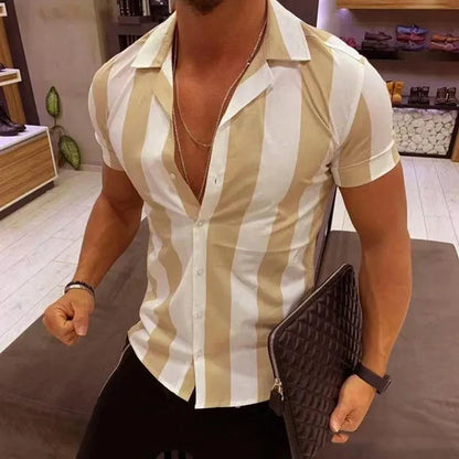 sanyamk Fashion Shirt Striped Print Summer Business Casual Short-Sleeved Tees Tops Mens Blouse Hawaiian Shirts Oversized Men's Clothing