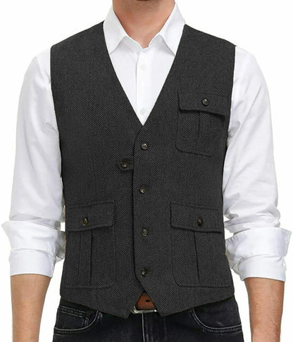 sanyamk Light Blue New Men Vest Wool Tweed Casual Waistcoat Formal Business Vest For Wedding Groomsmen Party Banquet Suit