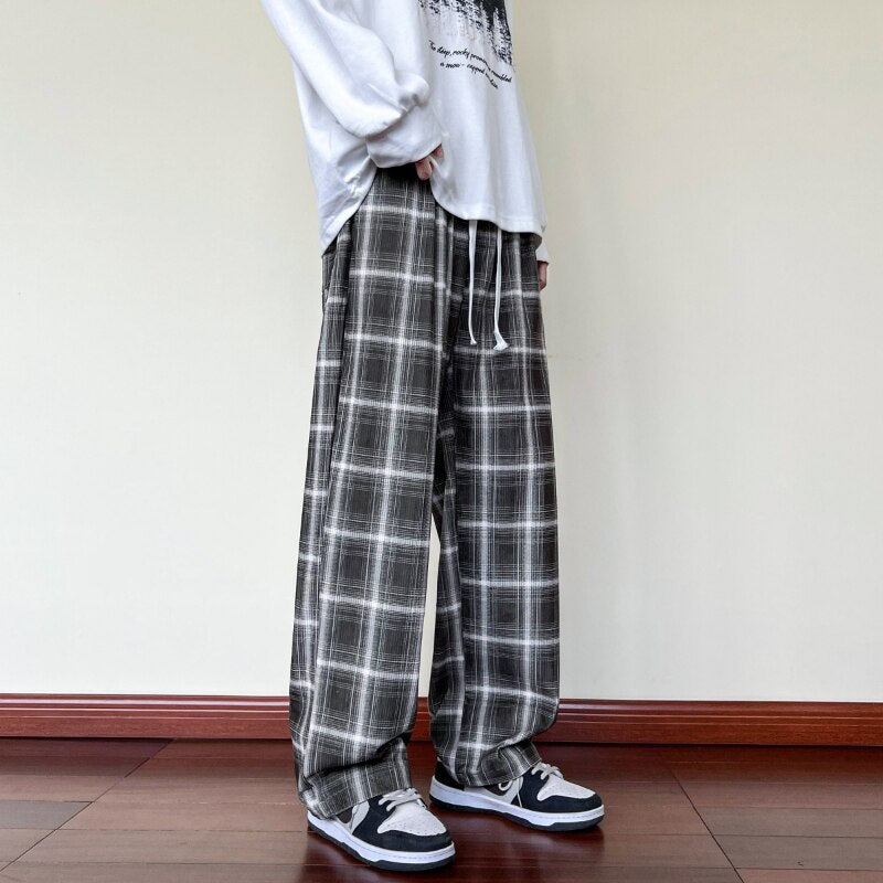 Bonsir Green Black Checkered Corduroy Men's Pants Korea Loose Oversized Casual Fashion Japanese Street Hip-hop Straight Sweatpants