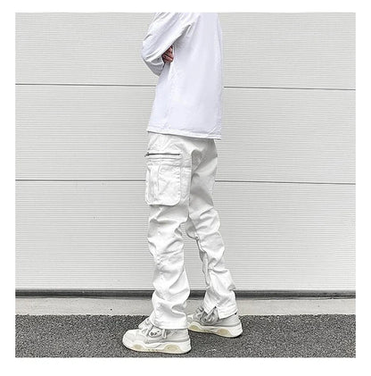 sanyamk Streetwear Retro White Black Pleated Tapered Jeans Side Pockets Zipper Hem Casual Jeans Baggy Men's Fashion Straight Denim Pants