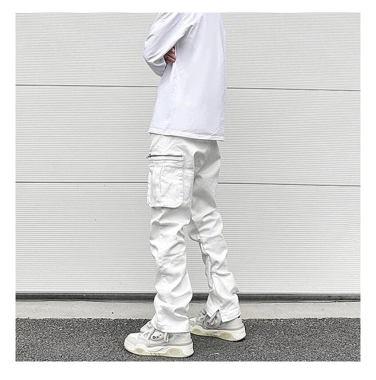 Bonsir Streetwear Retro White Black Pleated Tapered Jeans Side Pockets Zipper Hem Casual Jeans Baggy Men's Fashion Straight Denim Pants