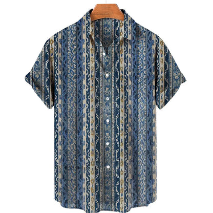 sanyamk New Men's Ethnic Style Printed Short-sleeved Hawaiian Shirt Roll Sleeve Beach Lapel Breathable Loose Top High Street Spring Wear