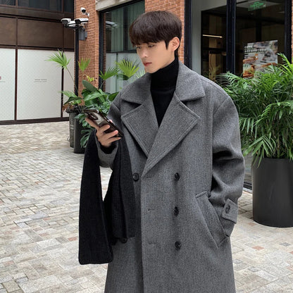 sanyamk Winter High Quality Woolen Trench Coats Men Korean Style Luxury Male Casual Trenchcoat Men's Streetwear Gray/Khaki/Black