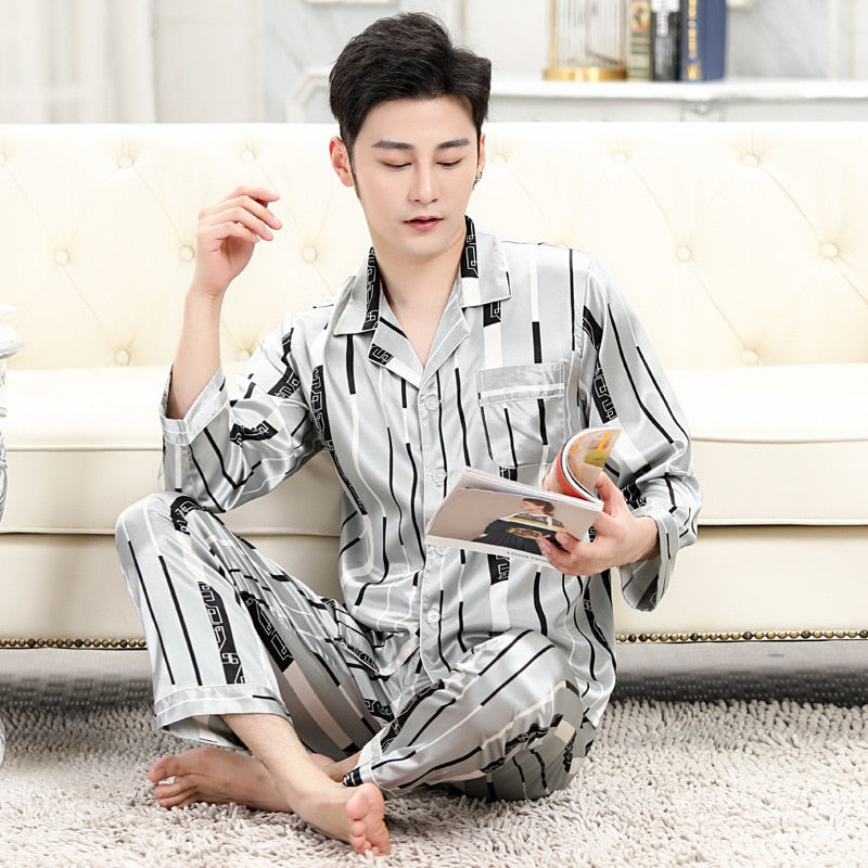 sanyamk Mens Designer Pajamas for Men Sleepwear Set Pijama Set Long Sleeve Sleep Tops Trousers Sleep Wear Men Thin Ice Silk Pajama Set