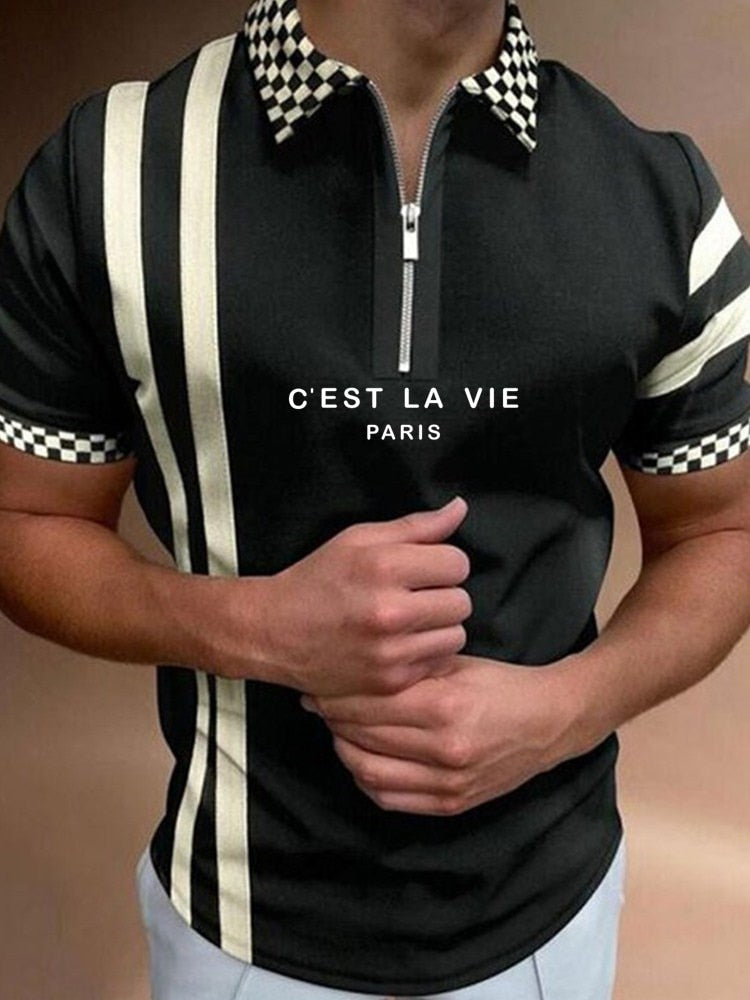 sanyamk Summer New Men's Clothing Polo Shirts Streetwear Print Casual Short Sleeve Tee Shirt Men Turn-Down Collar Zipper Polos