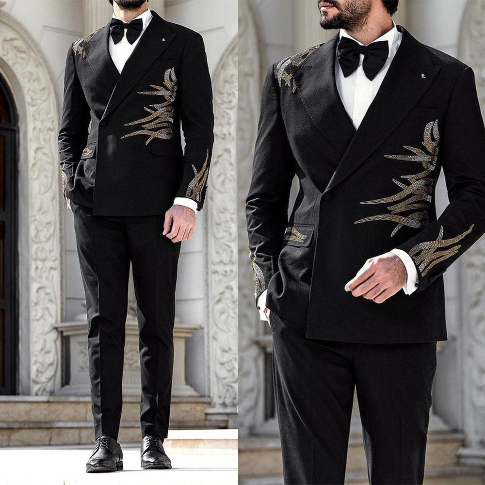 sanyamk Black Handsome Business Men Suits With Beads Handmade Two Pieces Jacket Pants Custom Made Designer Wedding Formal Occasion